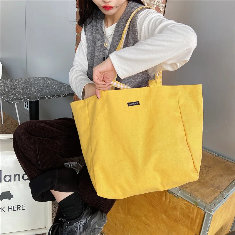 

Simple Plaid Double-sided Women Shoulder Bag Casual Canvas Ladies Shopping Handbags Large Capacity Girls Student Travel Tote