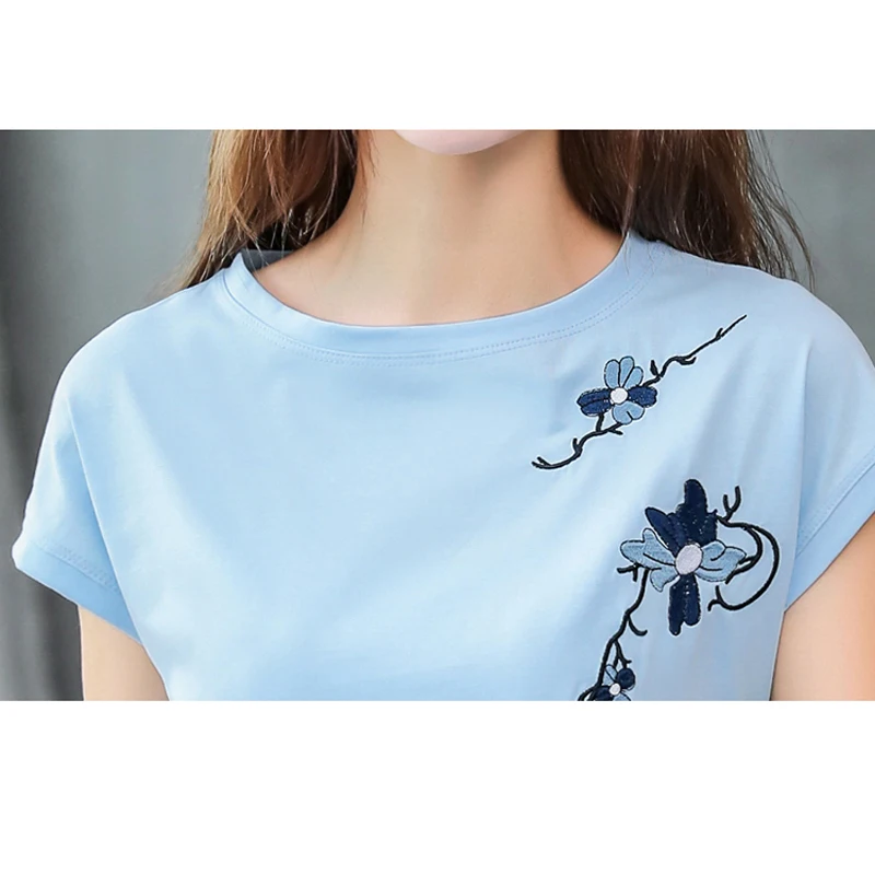 

2021 Summer Fashion Women Tops Solid Cotton Loose Shirt O-Neck Embroidered Short Sleeve Tee Camisetas Feminina Plus Size 8621 50