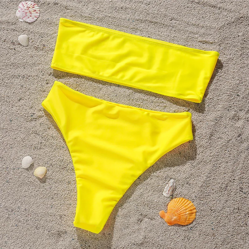 

INGAGA Bandeau Bikinis 2021 Swimsuits High Waist Swimwear Women Solid Shiny Bathing Suits High Cut Bathers Biquini Bikini Set