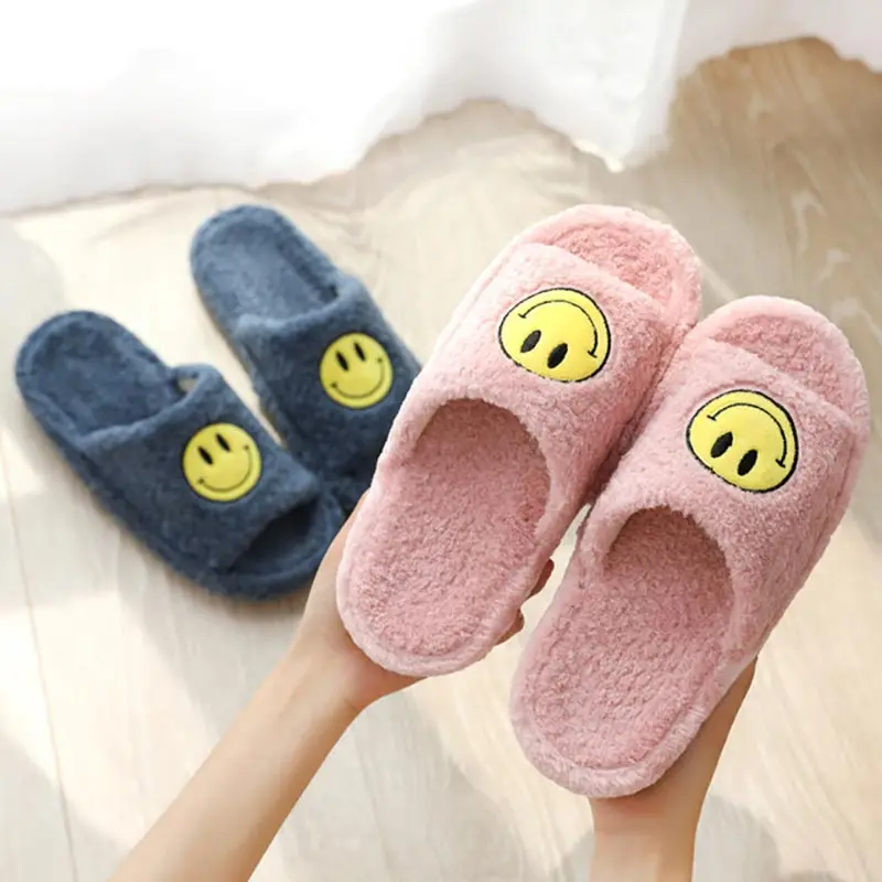 

Autumn Winter House Slippers Men Women Cartoon Smile Deco Furry Slippers Short Plush Flat Couples Shoes Indoor Zapato De Hombre