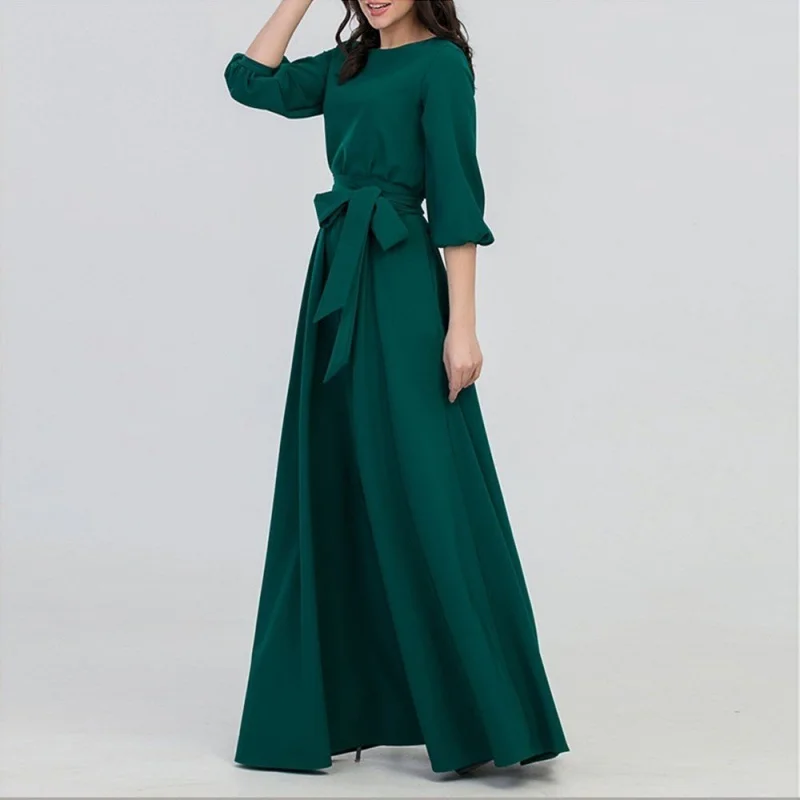 Новинка 2019 женское платье модное с круглым вырезом и длинным рукавом однотонное