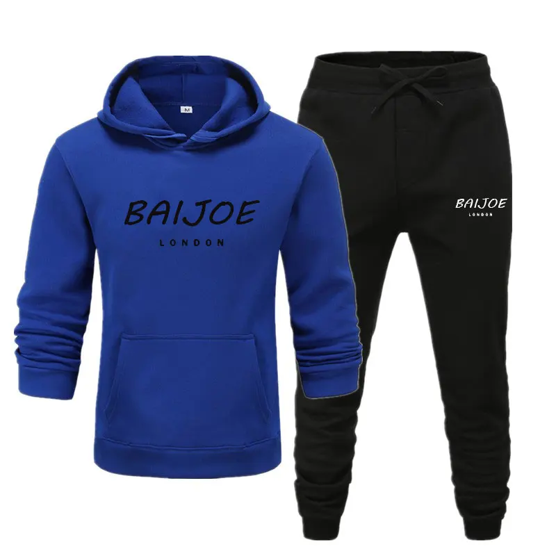 blue black 2 Новинка, спортивный костюм, модные мужские спортивные толстовки с капюшоном+ штаны, комплект из двух предметов, хлопковая флисовая толстовка, Спортивная Толстовка для бега - Цвет: blue black 2