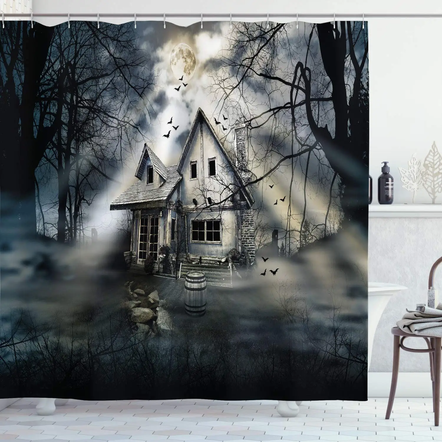 Хэллоуин занавеска для душа дом с привидениями темным ужасом атмосферой облачно