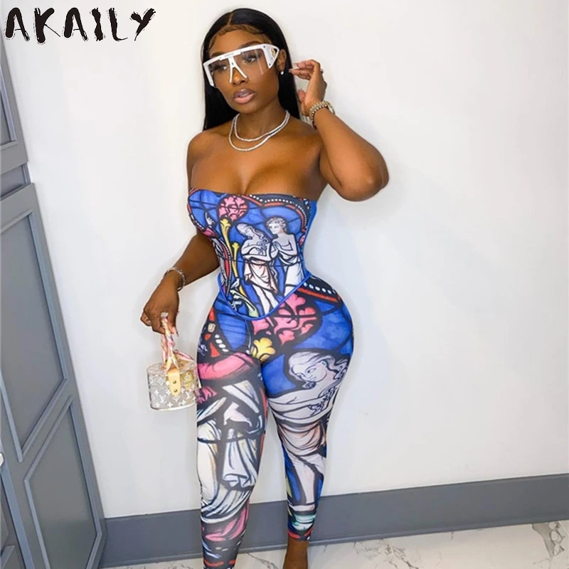 

Akaily Summer Streetwear Print Slim 2 Two Piece Sets Womens Tracksuit Outfits Strapless Backless Crop Top Skinny Long Pants Sets