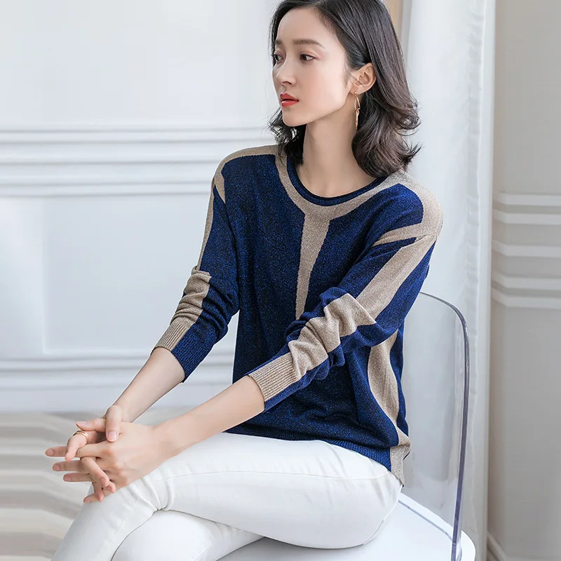 Женский трикотажный свитер в стиле пэчворк с круглым вырезом | Женская одежда