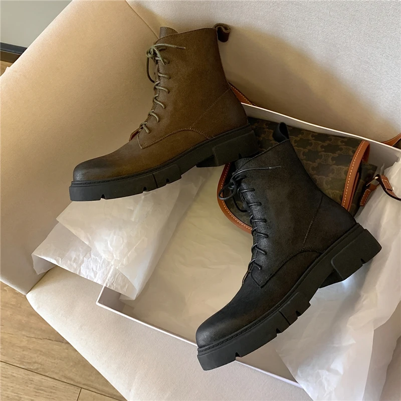 spesifikasi Wanita Alami Kulit Bulat Toe 4Cm Med Heels Cross-Tied Renda Sisi Zip Cantik Gadis Kencan Klasik Gaya Sepatu QQJ06 MUYISEXI