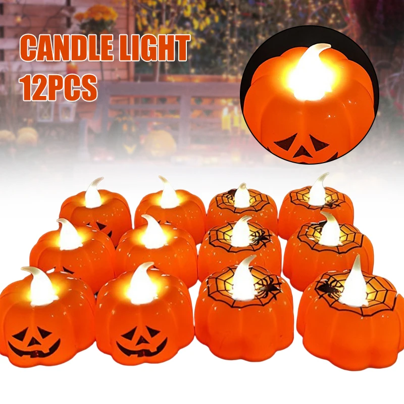 

12pcs Pumpkin Flameless Tea Light Candles for Halloween Party Home Decor Battery Operated Mini LED Candle LBE
