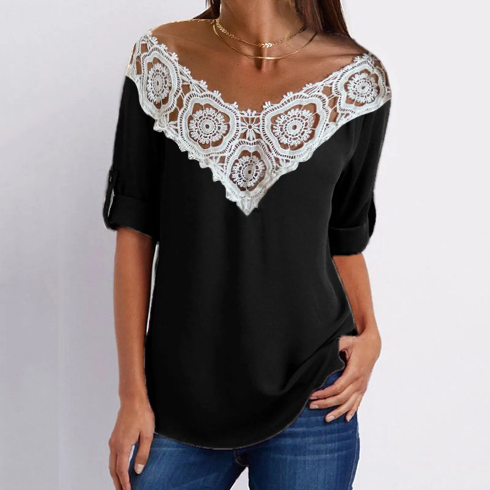 

Womens Lace Blouse 2021 Fashion V Neck Tunics Tops Summer Short Sleeve Tops Ladies Clothing Casual Patchwork Blouse