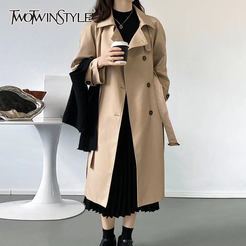 

Женский плащ TWOTWINSTYLE, однотонный плащ с отложным воротником и длинными рукавами, с поясом и высокой талией, 2021