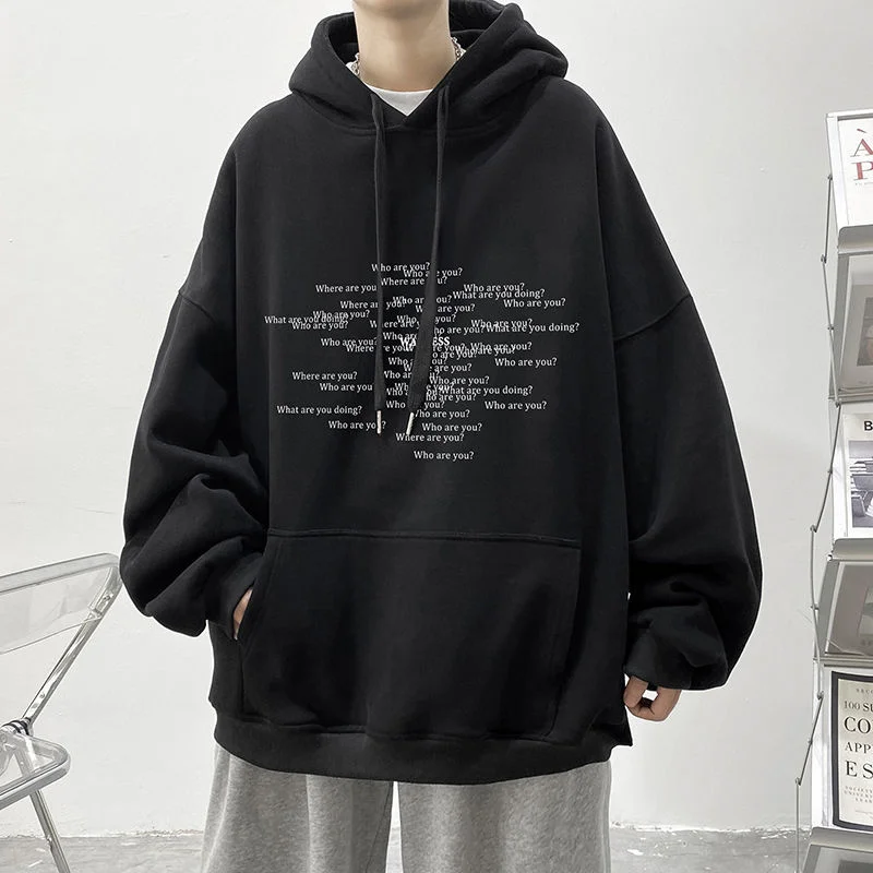 Мужской свитер с капюшоном черный плюшевый топ буквами Повседневная Уличная