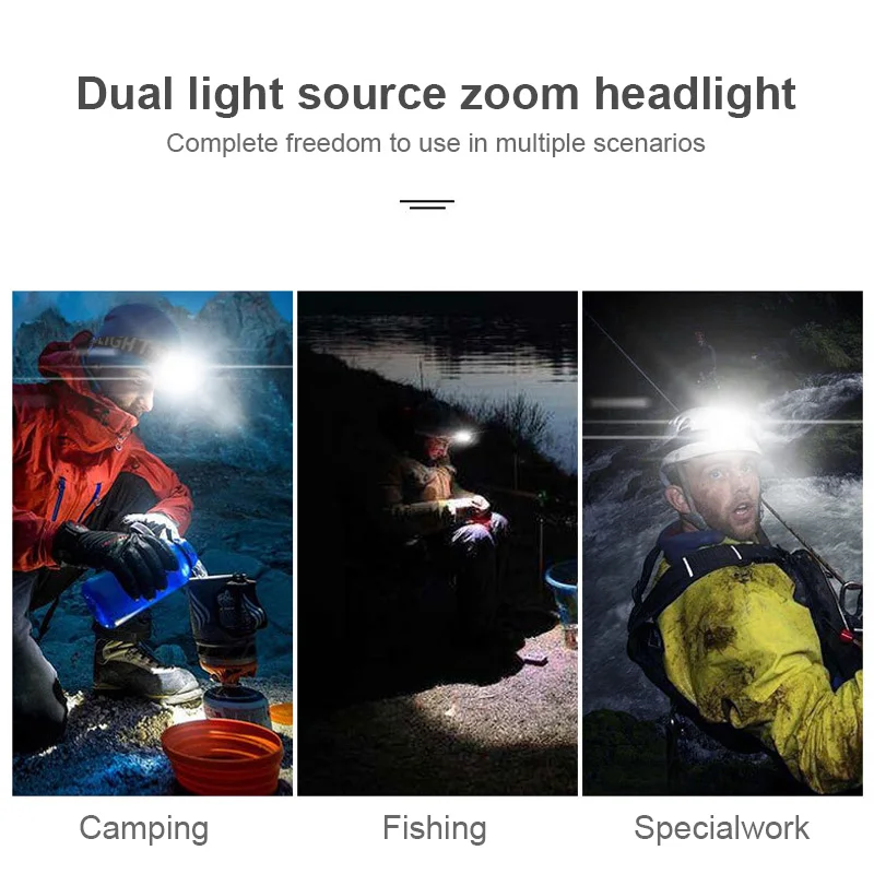 

Wasafire XPG+2*LED Rechargeable Inductive Head Light Rotating Zoom Head Lamp Waterproof Outdoor Camping Fishing Headlight