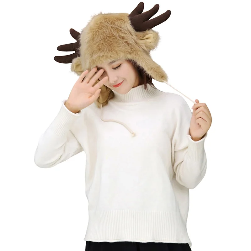 

Unisex Winter Cosplay Furry Trapper Hat Cute Deer Ears Antlers Fluffy Plush Animal Earflap Cap Thermal Warm Earmuffs