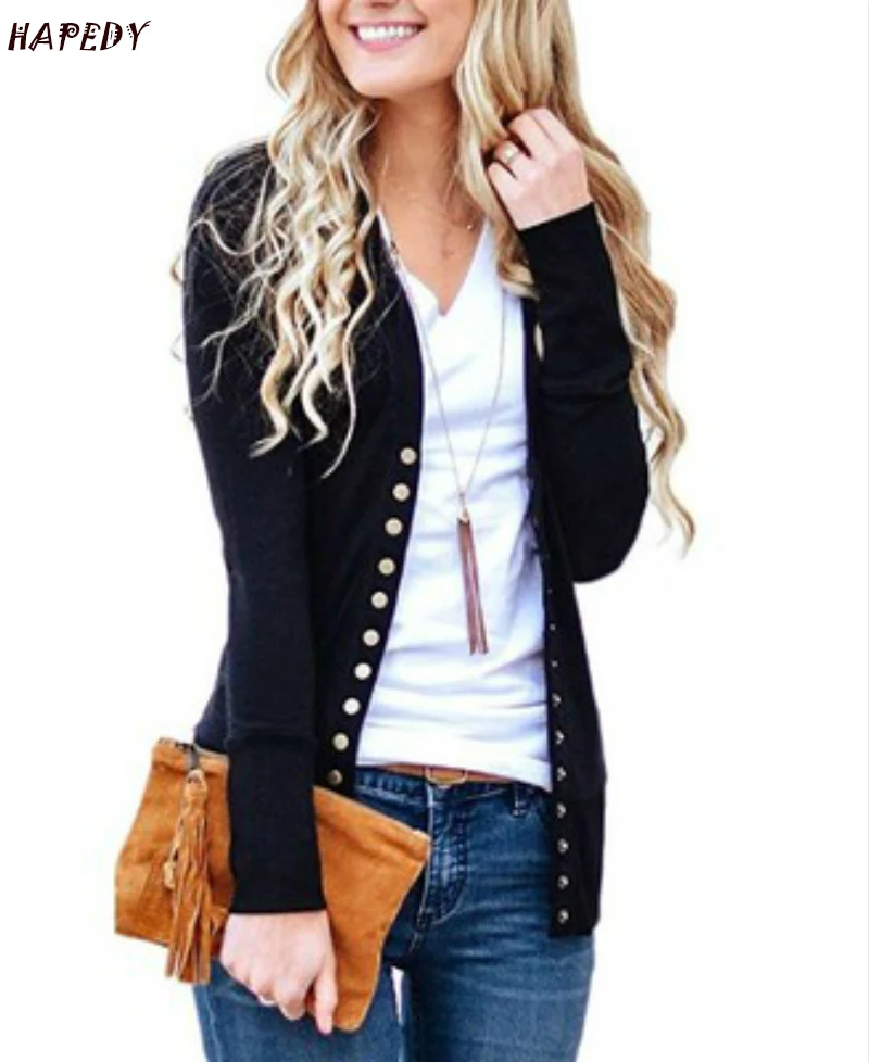 Женский трикотажный кардиган с длинным рукавом однотонный Приталенный v