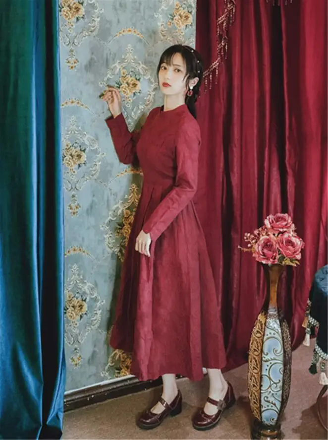 

2019 Autumn Vintage Swing Dress Long Sleeve Stand Collar Cotton Linen Maxi Dress Elegant Ladies Dress Vestidos