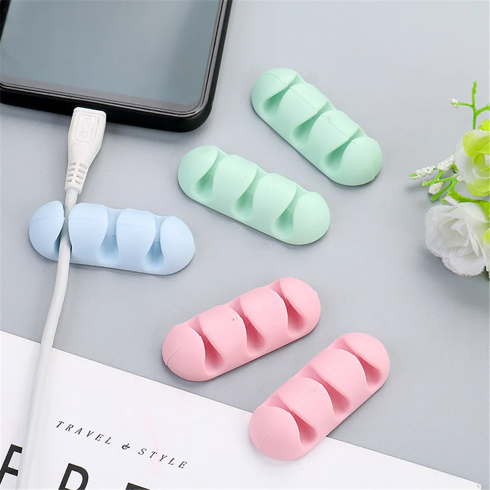 

2pcs Adhesive Silicone Cable Winder Solid Color Cable Holder Earphone Clip Charger Organizer Line Fixer Desk Set Office Supplies