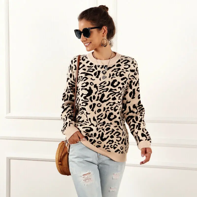 Autumn Winter Fashion Women Loose Knit Leopard Print Long Sleeve O Neck Sweater Jumper Pullover Red Khaki | Женская одежда