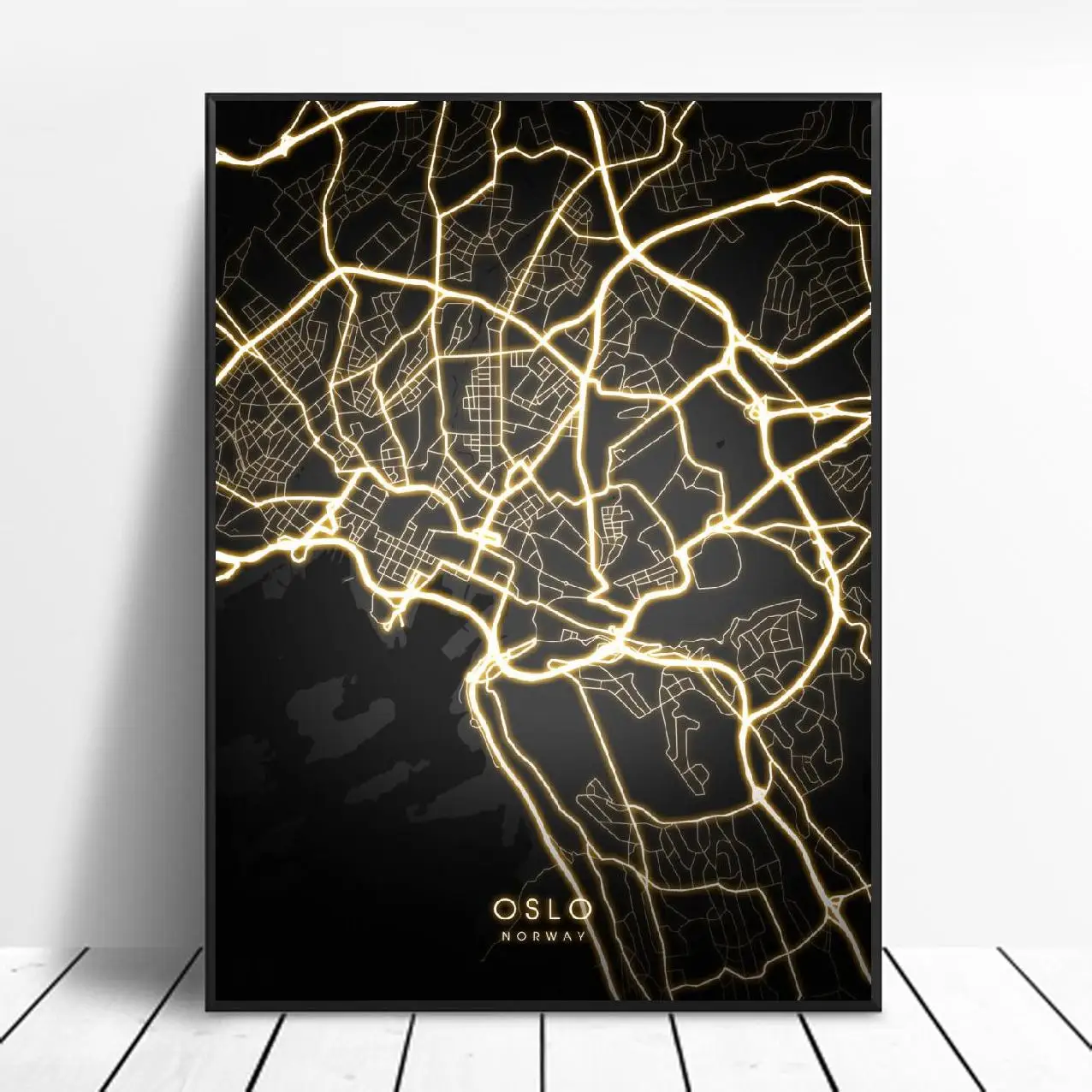 Осло норвежская черная и Золотая холст Настенная карта плакат | Дом сад