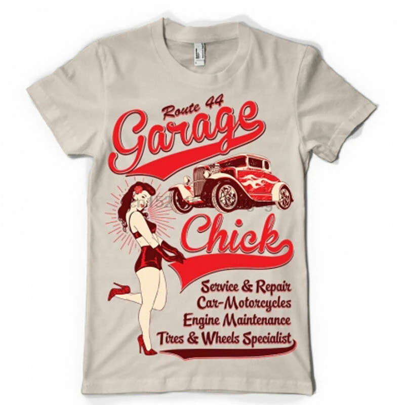 Классическая футболка для гаража цыпленка 44 66 hotrod pinup service|Мужские футболки| |
