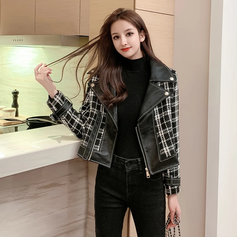 

2020 Wild Xiao Xiangfeng Was Thin Tweed Stitching PU Leather Women's Handsome Korean Coat Motorcycle Fashion Jacket Female Tide