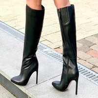 sexy black leather winter long boots pointed toe zipper stiletto heel knee high boots thin heels women party dress shoes