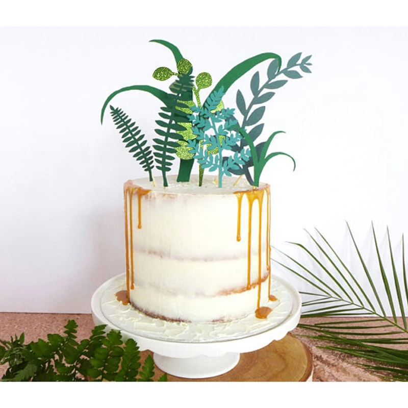 

2019 Nature Green Plant Cake Toppers Laser Cupcake Flags Jungle Party Birthday Baby Shower Cake Topper Decorating Supplies