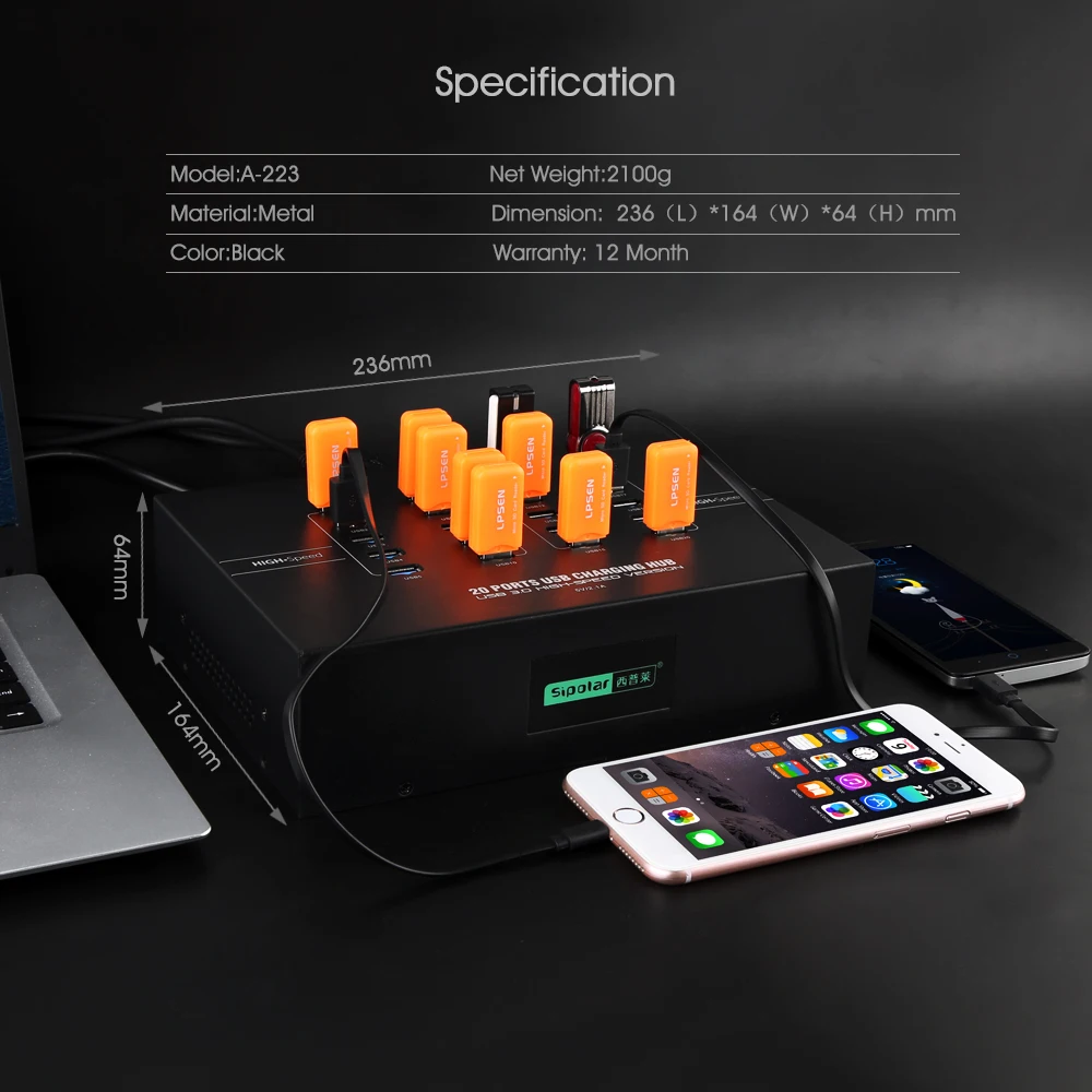 Sipolar 20 портов промышленный USB 3,0 Синхронизация и зарядка концентратор встроенный 5 в 40A источник питания 2.1A зарядка синий светодиодный 110/220 В опционально