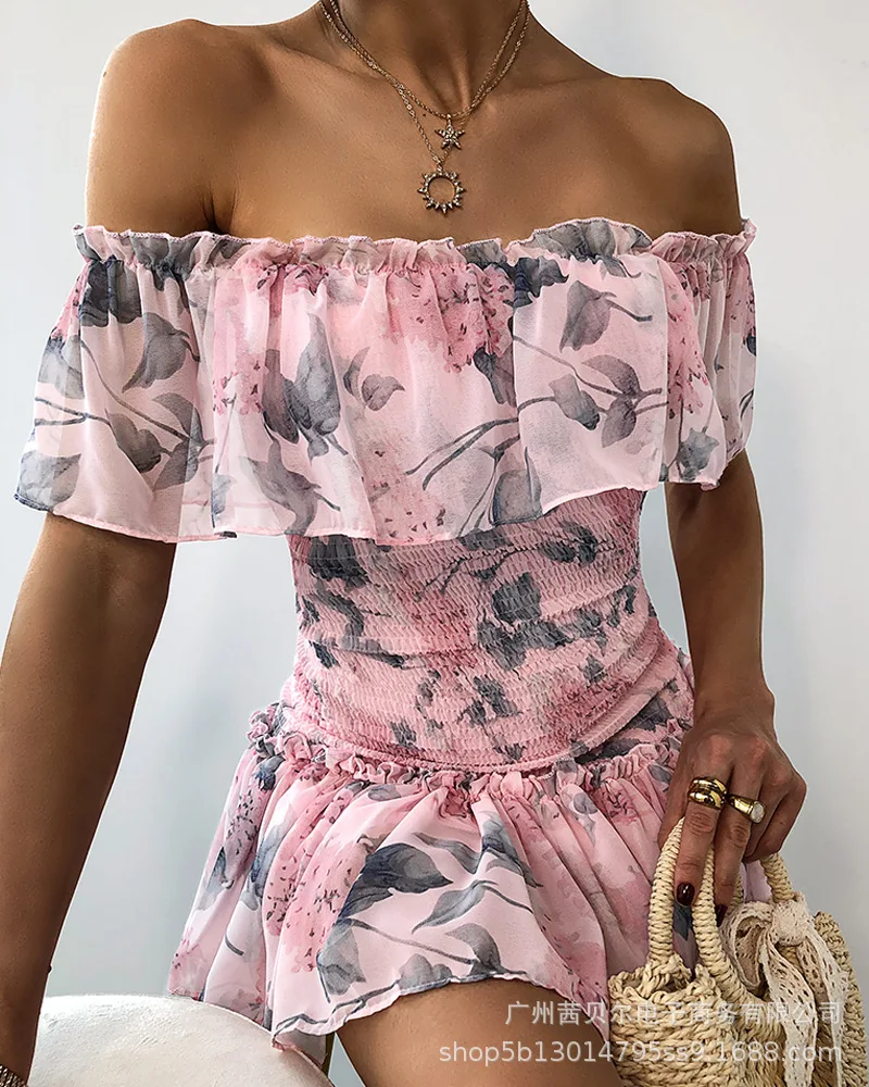 

New Pink One Shoulder Folds Dresses for Women Floral Print Dresses for Women Off The Shoulder Dresses Donsignet