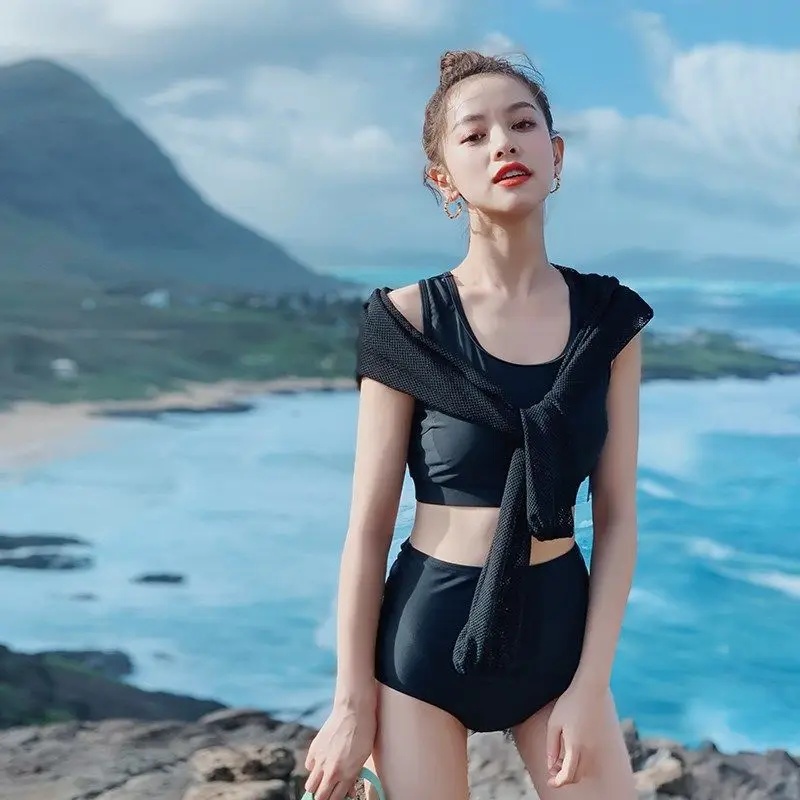 Бикини женское с высокой талией пикантный однотонный купальник чашками пуш-ап