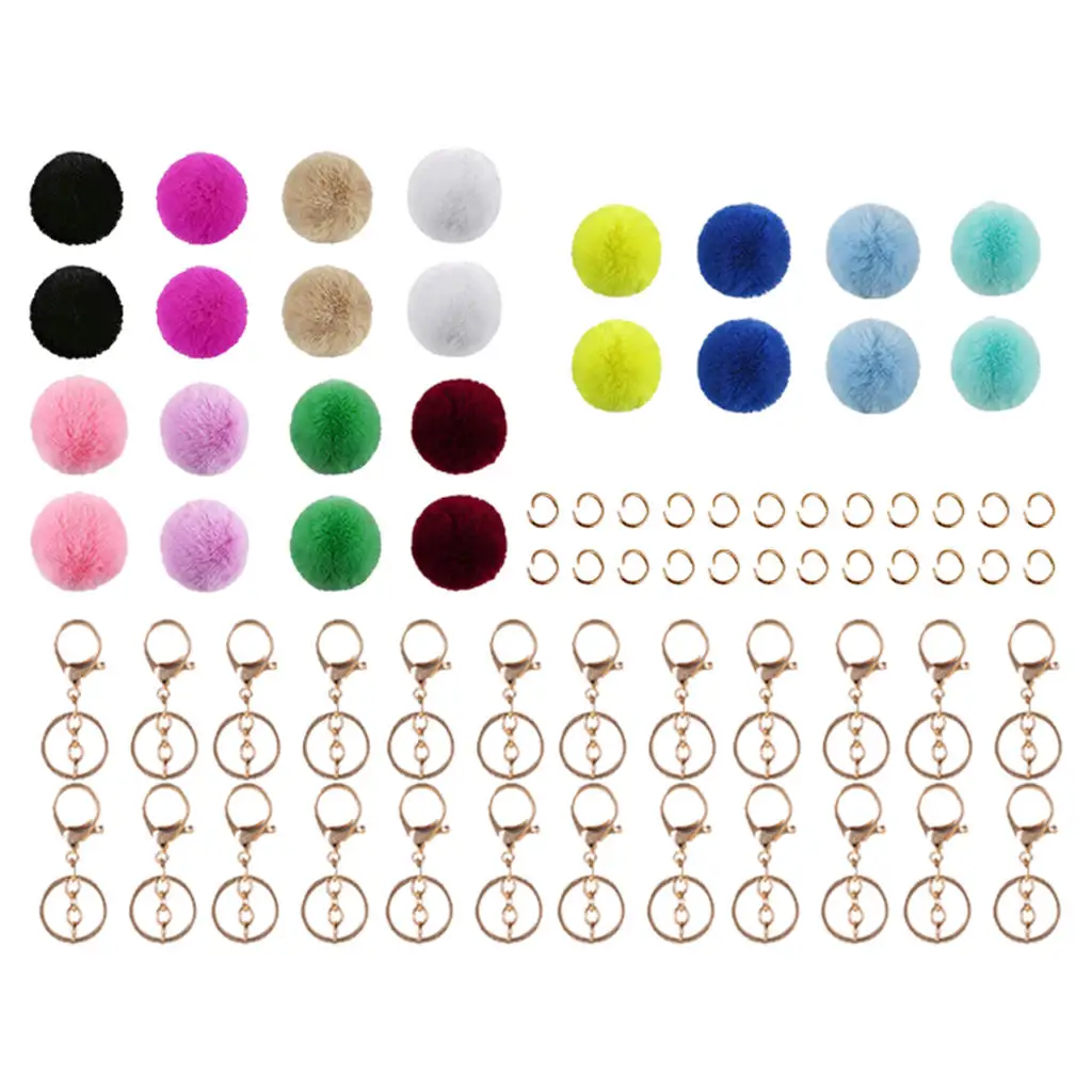 72 Pieces Multicolor Pompom Ball Keychain Kit Pompom Ball Pendant Craft 6cm for Key Chain Decor Car Handbag Cell Phone Ladies