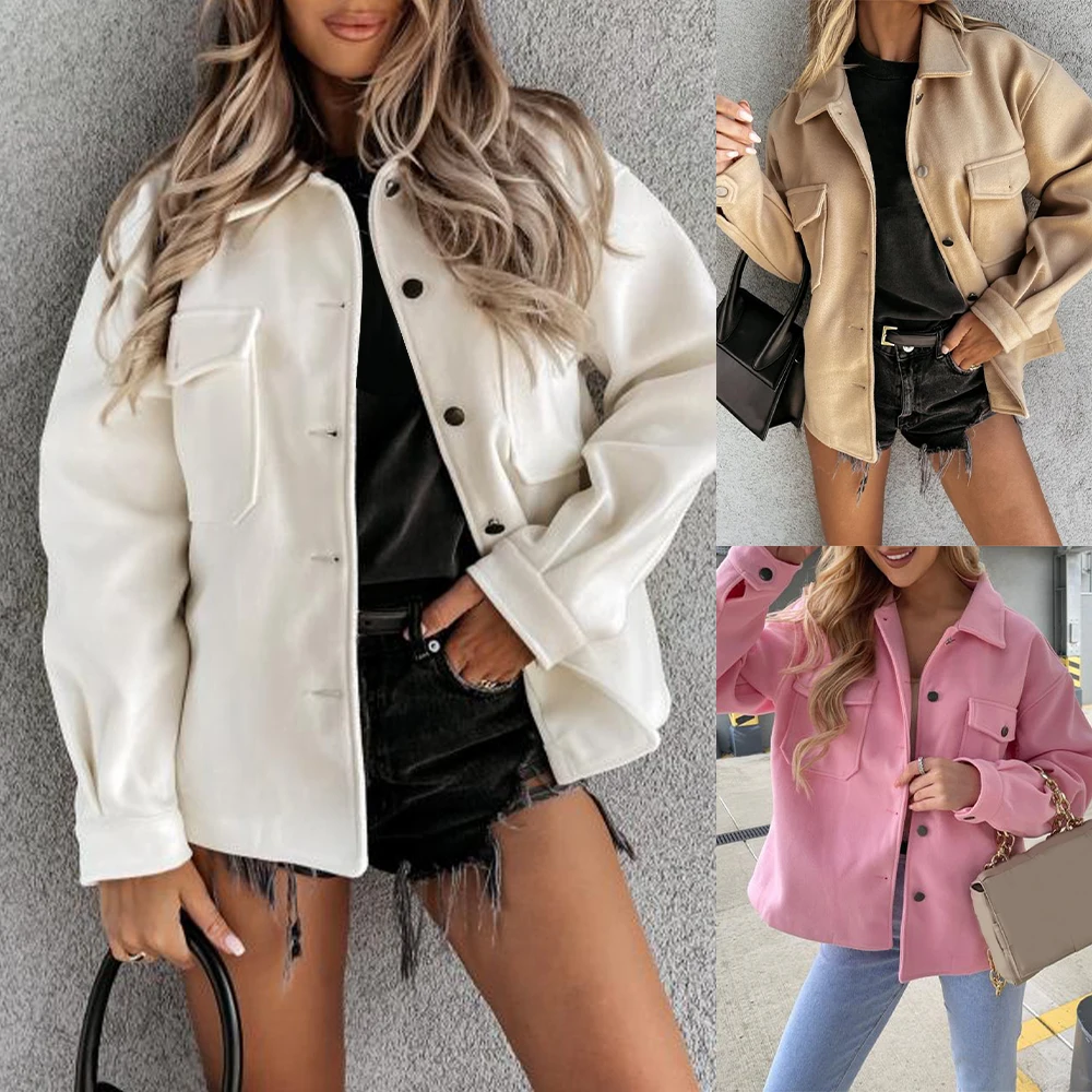 

Turn-Down Collar Long Sleeve Blazer Single-Breasted Spring/Autumn Button Solid Color Blazer Tops Polyester Women Woven Coat