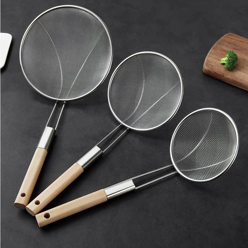 

Reinforced Stainless steel colander soup spoon with wooden handle kitchen fine mesh strainer pot Frying Food Filter Cooking Tool
