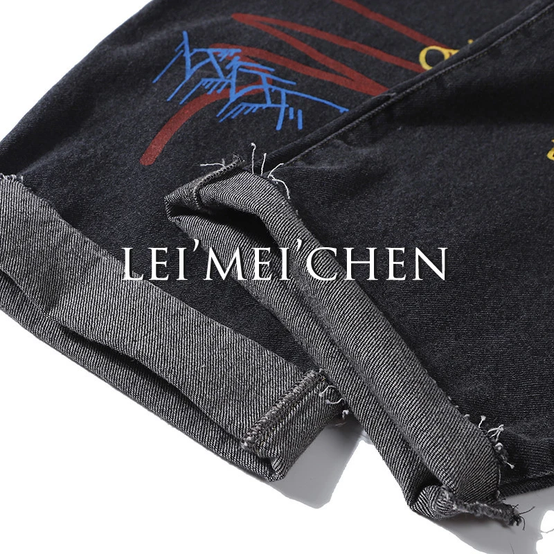 

LEIMEICHEN Graffiti Printed Jeans Men's Loose Straight Pants Street Casual Retro Distressed Jeans Men HD-B055
