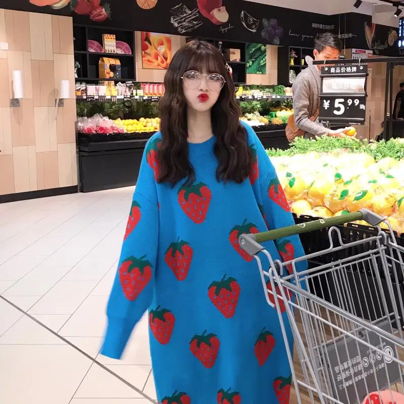Kawaii розовый свитер длинный участок большого размера клубничный пуловер зима