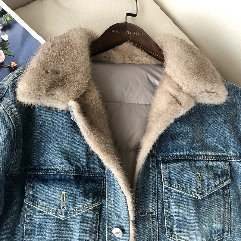 Winter leather Denim Jacket Women Real Natural mink Fur Coat Duck Down Thick Warm cowboy Parka casual luxury | Женская одежда
