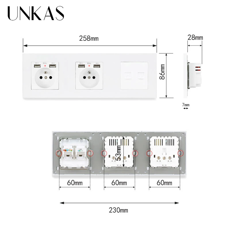 UNKAS пластиковая панель двойная французская стандартная розетка с 4 usb портом для
