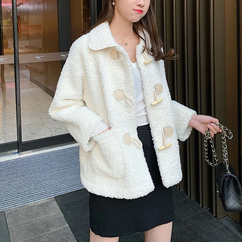 PERHAPS U Women White Green Faux Fur Jacket Coat Turn Down Collar Pocket Outwear Horn Button Warm Thick Ted Lamb Fur Solid C0252