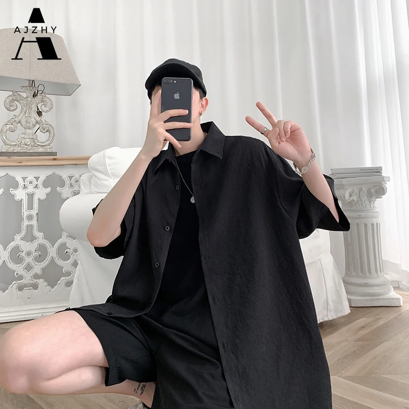 Streetwear Shirt Men Solid Cotton Plus Size Short Sleeve Shirts Loose Summer Fashion Casual Korean Shirt Mens Tops Clothes 2021