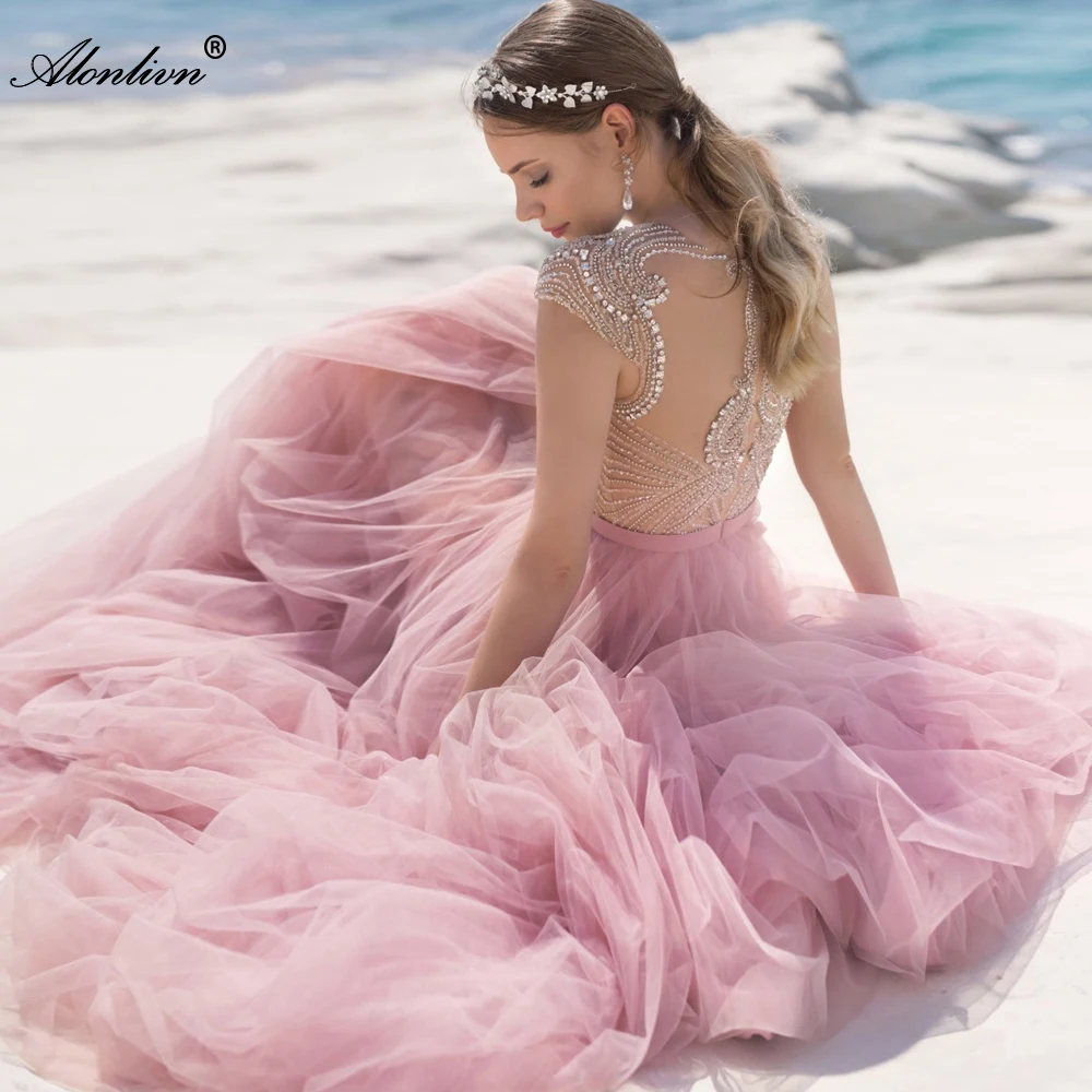 

Alonlivn Wedding Dresses Top Part Beading Crystals Chic Colorful Tulle Beach Bridal Gowns Customize