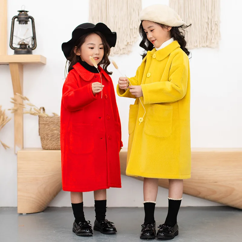 Осенне-зимнее шерстяное пальто для девочек-подростков красного и желтого цвета |