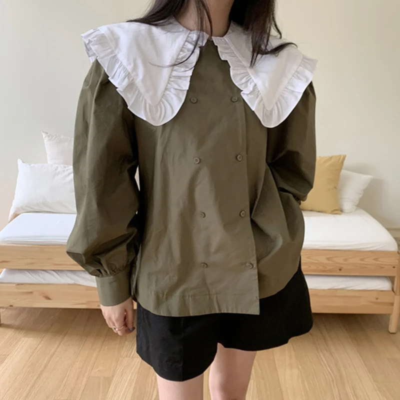

Peter Pan Collar Kawaii Korean Blouse Women Loose Oversized Shirts Tops Long Sleeve Vintage Harajuku Ruffle Double Breasted Z189