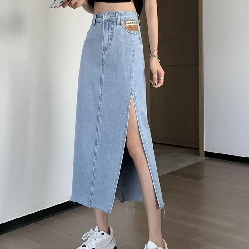 2021 Fashion Women Denim Skirt Ladies Blue High Waist Split Midi A-line Skirts Dropshipping Big Size Maxi Skirts Autumn Winter