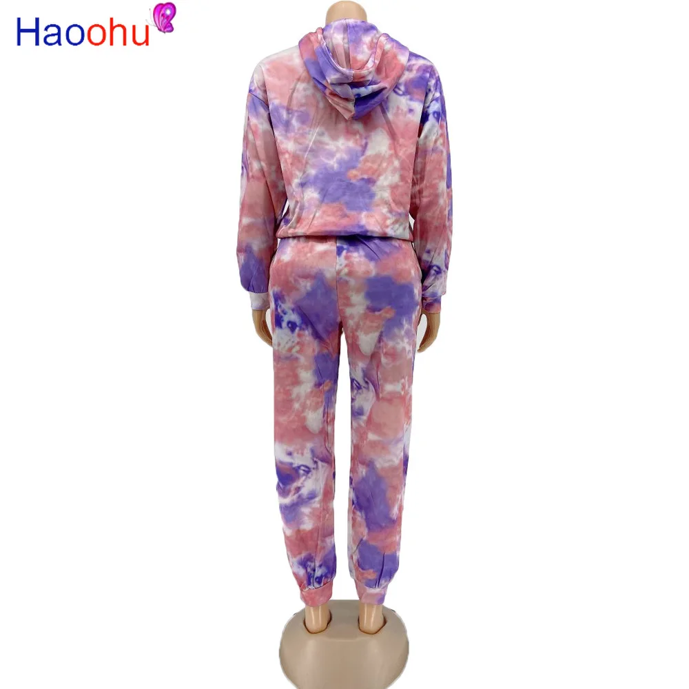 

HAOOHU Winter Tracksuit Tie-dye 2pcs Women Set Hoode Top Sweatshirt+Jogger Pants Two Pieces Sets Women Clothing Suits Female