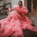 Женское вечернее платье-трапеция UZN, розовое фатиновое платье с оборками, длинными рукавами-фонариками, с круглым вырезом, на молнии, для выпускного вечера, вечерние платья, лидер продаж