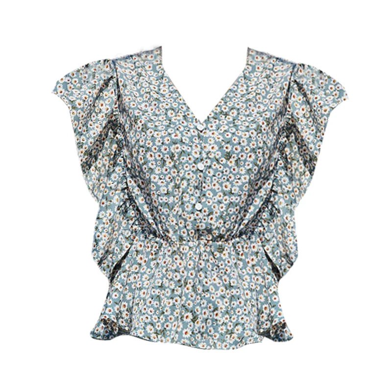 

2021 New Summer Butterfly Short Sleeve Floral Print Blouse Women Casual Vacation Chic Female Tops Sexy V Neck Blusas Mujer