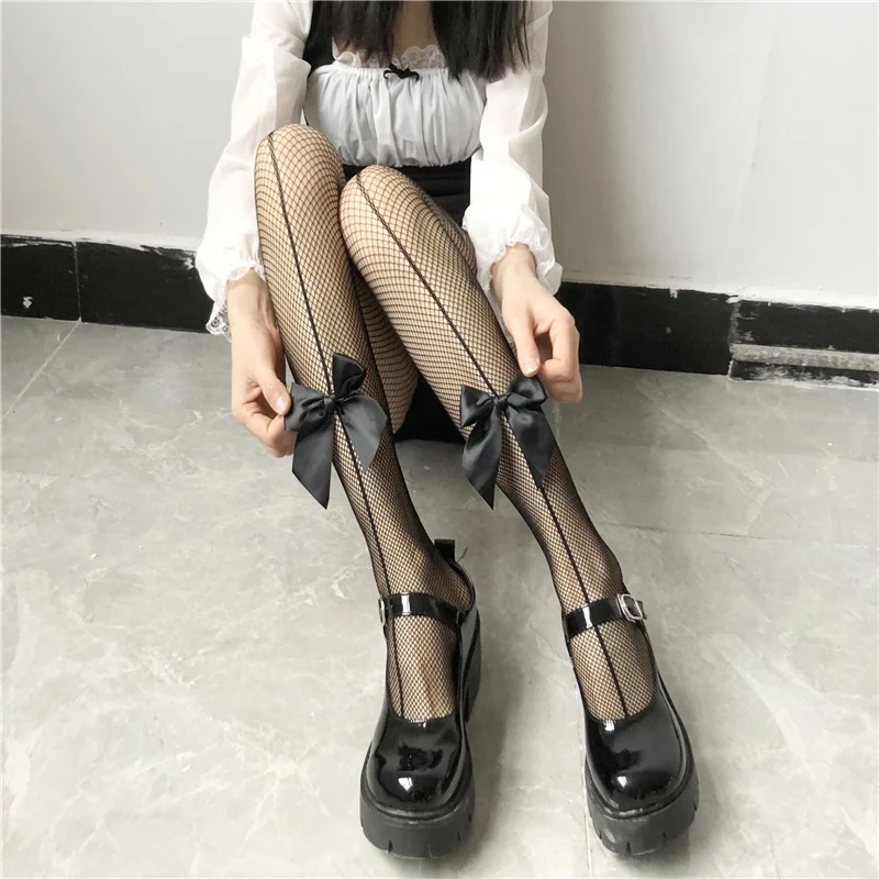 

Girls new jk bow fishnet black stockings summer thin bow tights