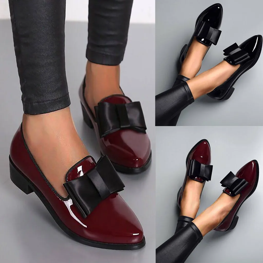 

Womens Casual Shoes British Style Patent Leather Shoes Shiny Bow Fretwork Heels Pointed Toe Solid Womens Casual Shoes