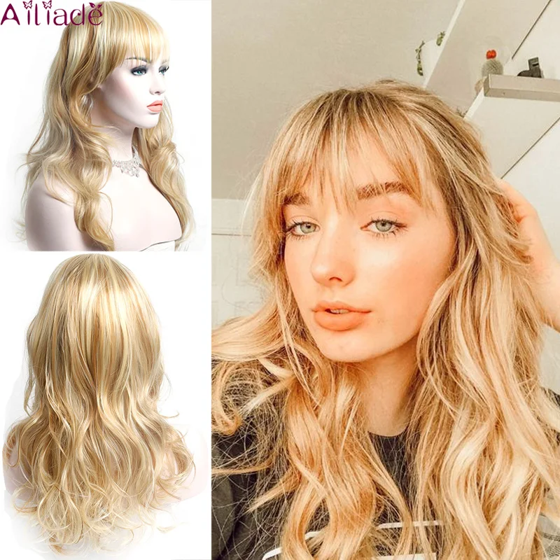 AILIADE Синтетические длинные волнистые с челкой парик косплей светлые волосы для