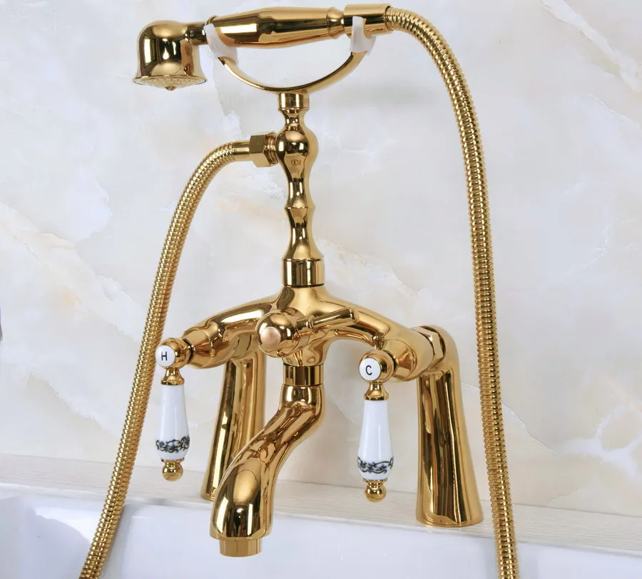 

Luxury Gold Color Brass Deck Mounted Bathroom Clawfoot Bathtub Mixer Tap With Hand Shower Head Bath & Shower Faucet Lna134