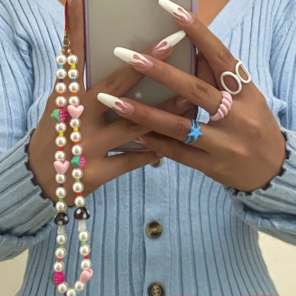 

Imitation Pearl Beaded Women's Sweet Style Fruit Strawberry Heart Mobile Phone Lanyard