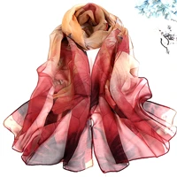 four seasons thin soft chiffon women lotus printing georgette scarf shawls long wraps beach decorative shawl